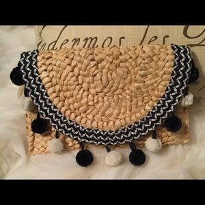 Straw summertime beachy boho Pom Pom clutch